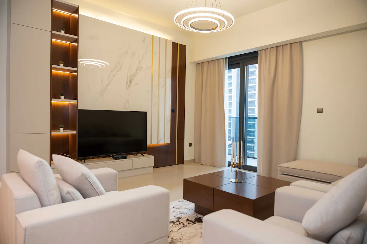 Living area of the 2-bedroom apartment at act one / act two