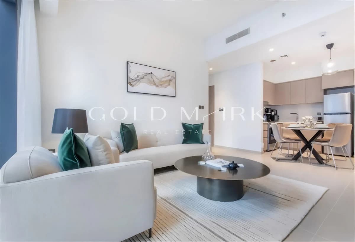 Living area of the 1-bedroom apartment at act one / act two